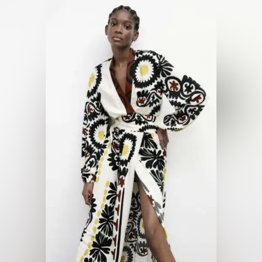 Zara printed wrap maxi gown long sleeve ecru dress - Picture 5 of 13